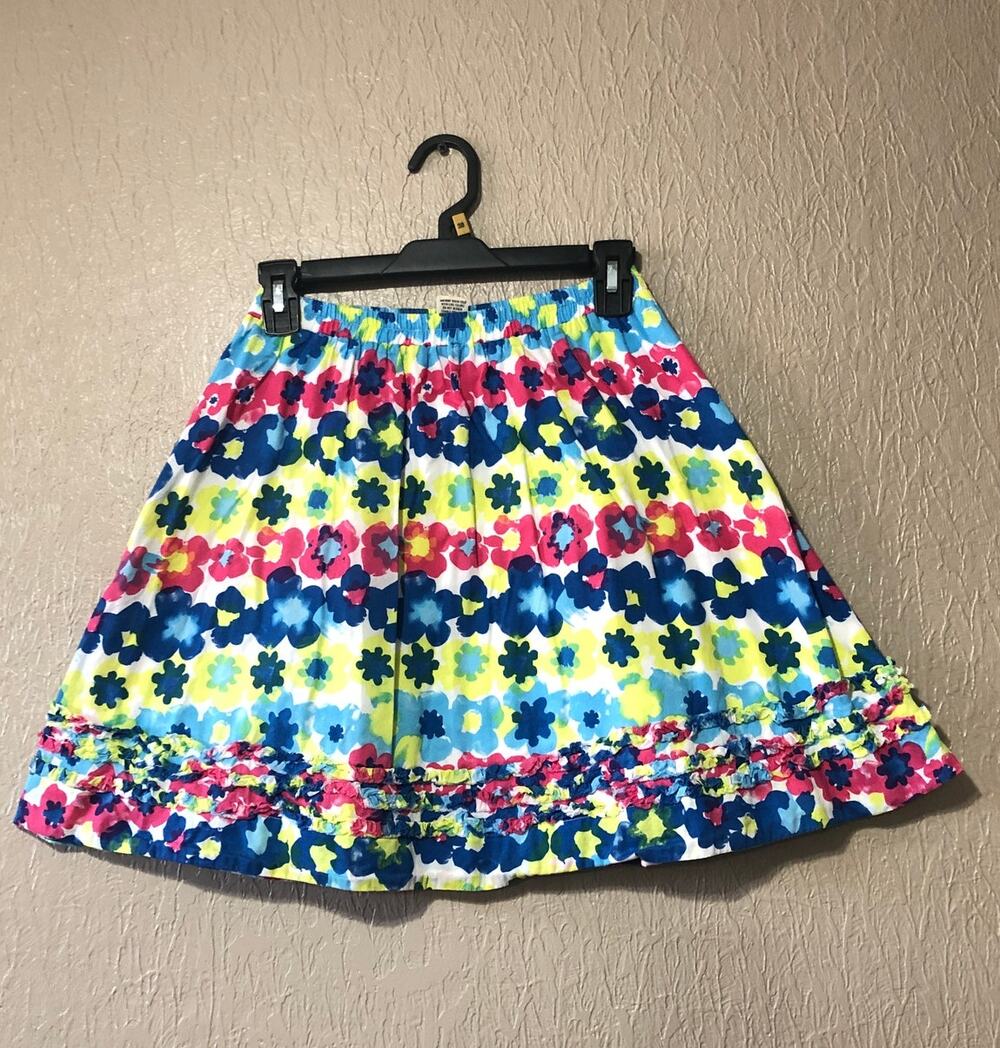 L.L.Bean Girls Junior Floral Mini Skirt Cotton A Line Ruffle Lined Rainbow 14